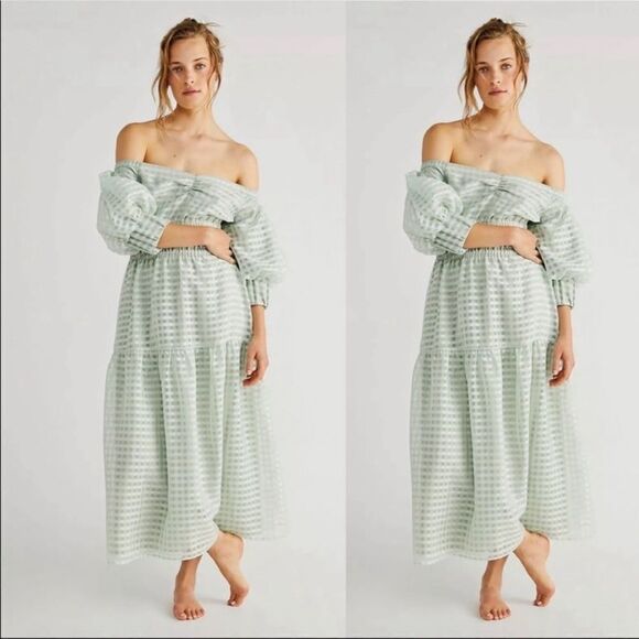 Free People - mint green Midi Dress with Puff Sleeves - Picture 1 of 8
